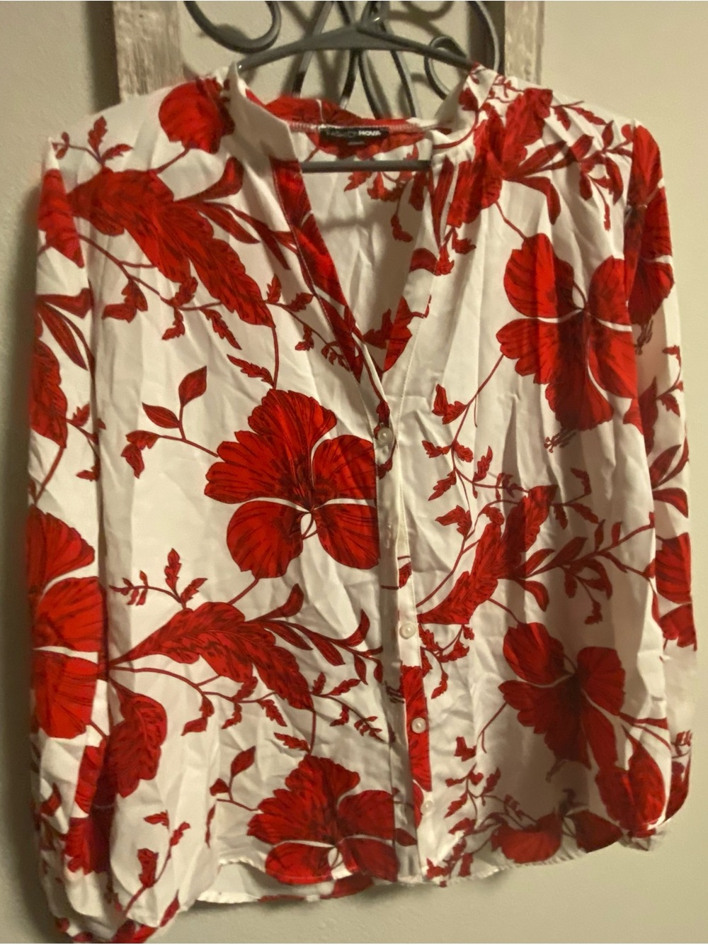 Fashion Nova White Button-Front Blouse with Red Floral Print
